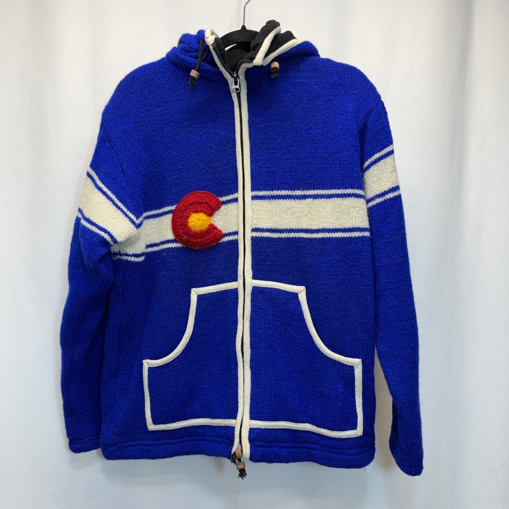 Blue Wool Colorado Flag Full Zip Hoodie Sweater Made in Nepal Large Unisex Mens